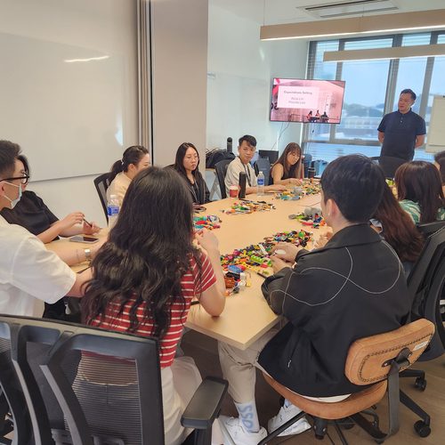 Team seated around a table during a LEGO SERIOUS PLAY workshop